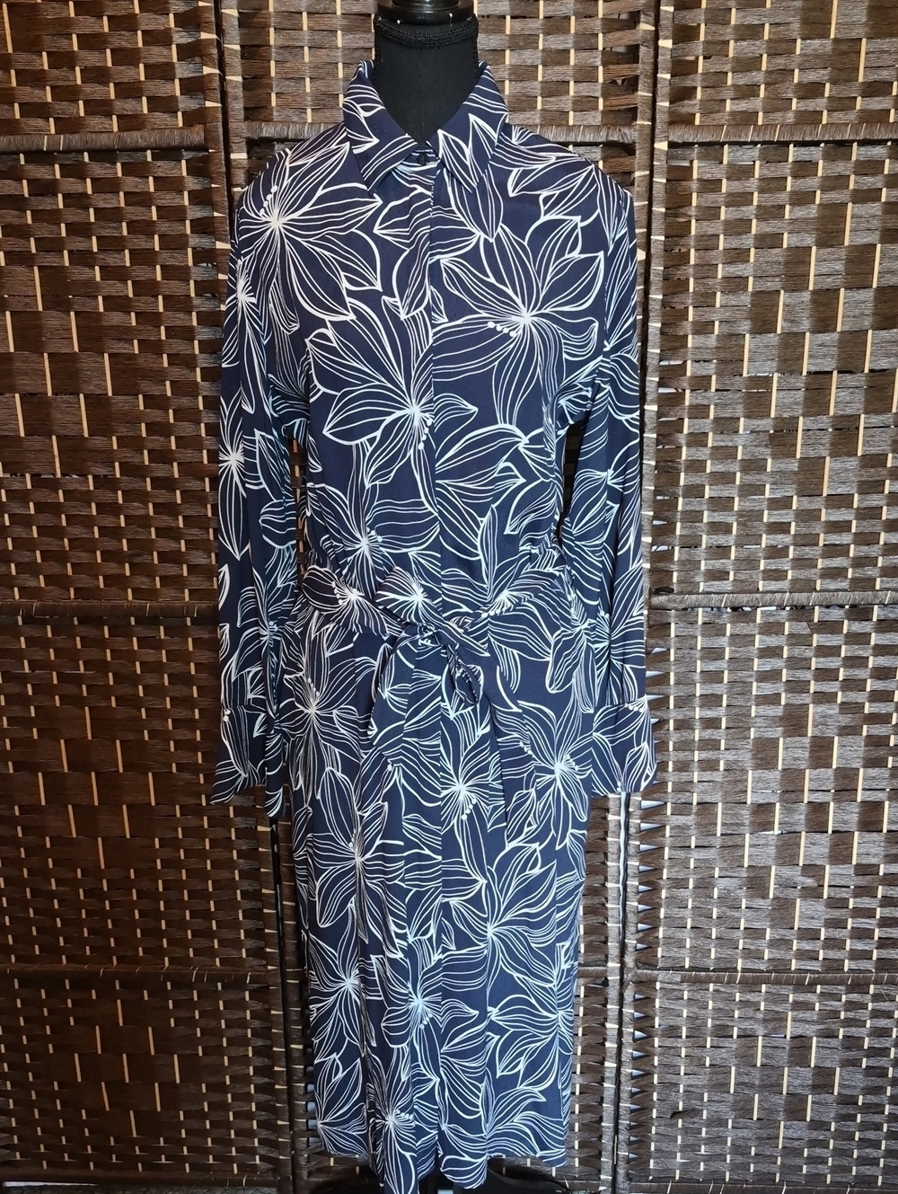 Long Sleeve Navy Floral Tie-Waist Shirt Dress